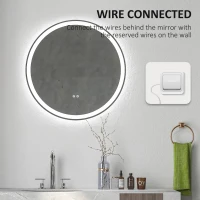 kleankin Round Bathroom Mirror with LED Lights, Wall Mount Dimmable Makeup Mirror with 3 Temperature Colours, Defogging Film and Memory Function, Frameless, Hardwired, 70 x 70 cm(m-8)