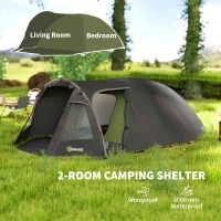 Outsunny Camping Tent for 2-4 Person, 3000mm Waterproof Family Tent with 2 Rooms, Sewn-in Groundsheet, Double Doors and Hook, Portable with Carry Bag for Fishing Hiking Festival, Black(m-4)