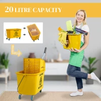 HOMCOM Mop Bucket with Wringer Set on Wheels for Floor Cleaning, 20 Litre Side Press Wringer with Handle and Mop, Yellow(m-4)