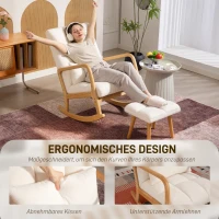 HOMCOM Fotel Bujany z Podnóżkiem, Pokryty Polarem, z Podłokietnikami, Wysokim Oparciem, Drewnianymi Płozami, Wyściełany, Fotel Relaksacyjny do Salonu, Sypialni, Biały(m-6)