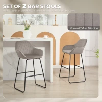 HOMCOM Bar Stools Set of 2, Velvet Upholstered Breakfast Barstools with Footrest and Armrest, Kitchen High Stools with Metal Legs for Home Bar, Kitchen Islands, Grey(m-4)