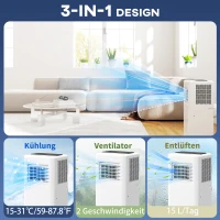 HOMCOM Klimatyzator przenośny 3w1 1,5kW z chłodzeniem, osuszaczem powietrza, wentylatorem, wężem wydechowym, automatycznym chłodzeniem powietrza, pilotem, timerem, zabezpieczeniem dla dzieci, biały(m-4)