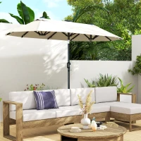 Outsunny Ombrellone Doppio da Giardino 2.92x1.5 m Inclinabile con 35 Luci LED Solari Manovella, Ombrellone da Giardino a 12 Stecche in Acciaio e Poliestere, per Cortile, Terrazza e Balcone, Beige(m-9)