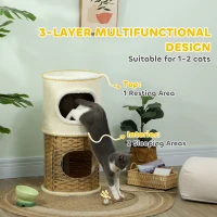 PawHut Cat Scratching Barrel, Cat Tree Tower with Sisal Scratching Post, 3-Level Design Condo with 2 Entrances, 80H cm, Cream(m-4)