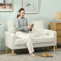 HOMCOM 2 Seater Sofa, Modern Velvet Small Sofa with Rubber Wood Legs, Upholstered Tufted Loveseat for Small Space, Living Room, Bedroom, Home Office, Cream White(m-2)