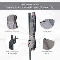 Outsunny Ombrellone da Giardino a Manovella 245x245cm con Rotazione 360° Parasole Regolabile Grigio(m-7)