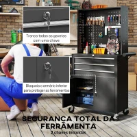 HOMCOM Carrinho de Ferramentas com 3 Gavetas e Painel de Perfurado Fechadura com Chave Prateleira Ajustável 2 Rodas com Travão de Bloqueio 69x33x133 cm Preto(m-6)