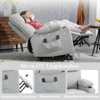 HOMCOM Fotel z funkcją podnoszenia, elektryczny fotel relaksacyjny z funkcją masażu, fotel telewizyjny z funkcją ogrzewania, fotel kinowy w optyce flaneli, jasnoszary 91 x 95 x 109 cm(m-6)
