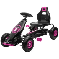HOMCOM Gokart dla dzieci z pedałami, regulowanym siedzeniem, do użytku wewnątrz i na zewnątrz, od 5 lat, Czarny + Różowy, 121 x 58 x 61 cm(m-10)