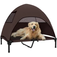 PawHut Elevated Dog Bed with Removable Canopy, Pet Bed with Storage Bag for Indoor Outdoor, for Medium Large Dogs, 91 x 76 x 90 cm, Coffee(m-10)