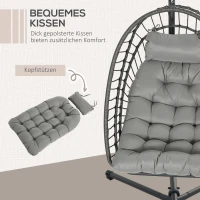 Outsunny Fotel wiszący z wikliny, fotel wiszący, wysokość 194 cm, kosz huśtawki do użytku wewnątrz i na zewnątrz, w zestawie stelaż, składany kosz wiszący, poduszka, do 100 kg, jasnoszary(m-6)