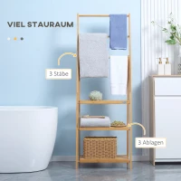 kleankin Stojak na ręczniki, Składany stojak na ręczniki z 3 drążkami na ręczniki, 3 półkami, Oszczędzający miejsce stojak na ręczniki do łazienki z bambusa, Naturalny, 53 x 30,5 x 152cm(m-4)