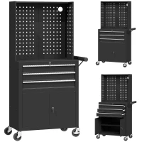 HOMCOM Carro de Herramientas con 3 Cajones Tabla de Pegboard Cerradura por Llave Estante Ajustable 2 Ruedas con Freno Negro(m-11)