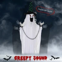 HOMCOM Dekoracja na Halloween 204 cm Wiszący Duch z Aktywacją Dźwiękową, Świecącymi Oczami, Funkcją Dźwiękową Biały(m-4)
