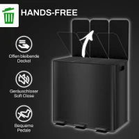 HOMCOM Kitchen Bin, 3 x 15L Pedal Bin, Triple Compartment Rubbish Bin with Soft Close Lid, Removable Inner Buckets, Fingerprint-Proof for Recycling and Waste, Black(m-6)