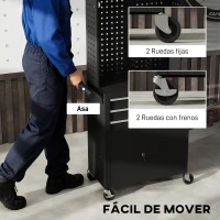 HOMCOM Carro de Herramientas con 3 Cajones Tabla de Pegboard Cerradura por Llave Estante Ajustable 2 Ruedas con Freno Negro(m-7)