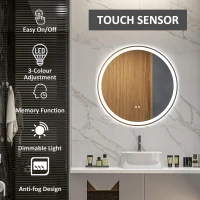 kleankin Round Bathroom Mirror with LED Lights, Wall Mount Dimmable Makeup Mirror with 3 Temperature Colours, Defogging Film and Memory Function, Frameless, Hardwired, 70 x 70 cm(m-4)