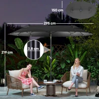 Outsunny Sombrilla de Jardín Doble 295x150x219 cm con Luces LED Solares Toldo con Inclinación Ajustable y Manivela Manual Gris(m-3)