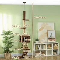 PawHut Floor to Ceiling Cat Tree, Cat Tower Adjustable Height 225-265cm, with Cat Condo, Scratching Posts, Perches, 3-Steps, Hanging Ball, Anti-tip Kit, Cat Tree Tower for Large Cat Adult, Brown(m-3)