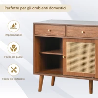 Credenza con 3 Cassetti e 3 Ante Scorrevoli con Intreccio di Rattan, Ripiani Regolabili, per Cucina e Soggiorno, 120×40×78 cm, Colore Noce(m-6)