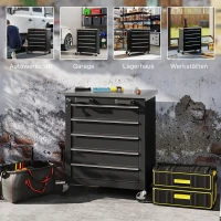HOMCOM Wózek warsztatowy z 5 szufladami, pusty wózek narzędziowy zamykany włącznie z blatem roboczym ze stali nierdzewnej, 2 klucze & maty EVA Szafka narzędziowa na kółkach, hamulce Czarny(m-8)