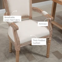 HOMCOM Krzesło do jadalni, krzesło kuchenne z podłokietnikami i solidnymi drewnianymi nogami, tapicerowane krzesło, fotel w stylu vintage z materiału przypominającego len, kremowy, 54,5 x 59 x 96 cm(m-5)
