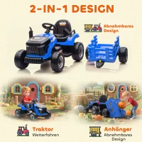 AIYAPLAY Elektryczny traktor dla dzieci z przyczepą, traktor na baterie z pilotem, 2 silniki, 3-biegowy pojazd elektryczny dla dzieci z muzyką, klaksonem, dźwiękiem startu, miękki start, 3-5 km/h, dla dzieci 3-8 lat, Niebieski(m-5)