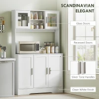 HOMCOM Kitchen Cupboard, Scandinavian Freestanding Kitchen Storage Cabinet with Adjustable Shelves, Tempered Glass Doors and Open Countertop for Dining Room, White(m-6)