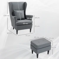 HOMCOM Oorfauteuil met Hocker in Linnen Look, Lendekussen, Loungefauteuil Modern Relaxfauteuil met Armleuning voor Woonkamer Grijs(m-3)