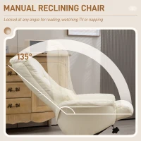 HOMCOM Fotel Wypoczynkowy z Podnóżkiem, Telewizyjny z Funkcją Leżenia i Bujania, Wysokie Oparcie, Nogi z Drewna do Salonu, Sypialni, Skóra Ekologiczna, kolor Kremowy(m-4)