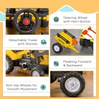 HOMCOM Traktor na Pedały z Przyczepą, Pojazd na Pedały z Łyżką, Traktor Dziecięcy dla Dzieci od 3 Lat, Żółty(m-5)