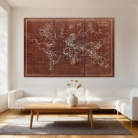 HOMCOM Cuadros en Lienzo Trípticos Mapamundi Vintage a Mano 120x60 cm con Marco de Madera Decoración para Dormitorio Marrón(m-2)