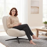 Fotel HOMCOM, Obrotowy o 360°, Lounge z Szerokim Siedziskiem, Zintegrowane Podłokietniki, Gruba Tapicerka, Fotel Relaksacyjny z Chenille, z Krzyżującymi się Nogami ze Stali, do Salonu, Kremowy(m-9)