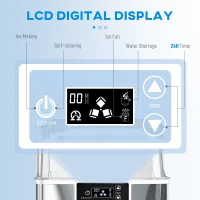 HOMCOM Maszyna do lodu, Ice Maker ze stali nierdzewnej, 24 kostki na raz, 20 kg/24h, zbiornik na wodę 2,1 L, samoczyszcząca kostkarka do lodu z łopatką i koszykiem, do kuchni, biura, na imprezy(m-6)