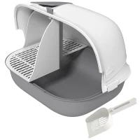 PawHut Cat Litter Box with Lid, Cat Litter Tray with Internal Channel, Door, Front Opening, Scoop, Easy Clean Hooded Cat Litter Box, Light Grey(m-10)