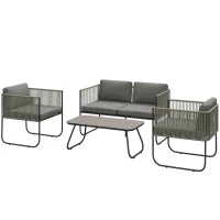 Outsunny 4 Piece Rattan Garden Furniture Set, 4 Seater Wicker Outdoor Sofa Set with 2 Armchairs, Loveseat, Tempered Glass Top Coffee Table, Cushions, Patio Conservatory Set for Balcony, Dark Grey(m-10)