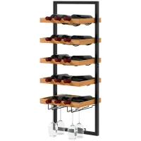 HOMCOM Wall-Mounted Wine Rack, 5-Tier Hanging Bottle Holder with Glass Rack for 15 Bottles and 4 Glasses, Pine Wood Wine Racks for Wall, Home Bar, Kitchen, Living Room, Brown(m-10)