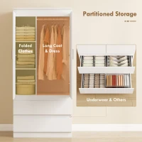 Szafa HOMCOM z 2 drzwiami Soft-Close, 2 szufladami, drążkiem na ubrania i 3 półkami, biała 80 x 55 x 177,5 cm(m-5)