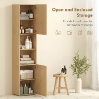 Wąska Wysoka Szafka Łazienkowa HOMCOM z 2 Drzwiami, Regulowanymi Półkami, 2 Otwartymi Przegrodami, do Łazienki, Salonu 40 x 31 x 182 cm Dąb(m-4)