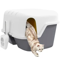 PawHut Cat Litter Box, Covered Litter Box with Lid, Scoop, Easy to Clean & Lockable Openable Cover, Kitty Litter Box for Indoor Cats, Cream White(m-11)