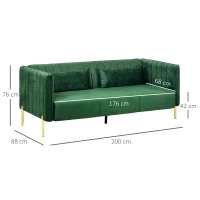 HOMCOM trzyosobowa sofa z 2 poduszkami, kanapa z podłokietnikami, tapicerowana sofa w welurowym wykończeniu, do salonu, sypialni, 200 x 88 x 76 cm, Zielona(m-3)