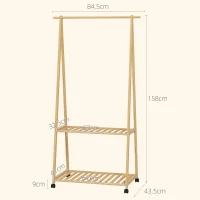 HOMCOM Bamboo Clothes Rail Rack with 2 Storage Shelves and 2 Hooks, Freestanding Open Wardrobe Coat Stand with Wheels for Entryway, Bedroom, Natural Wood Effect(m-3)