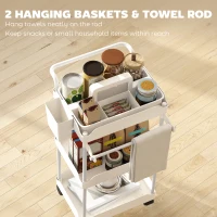 HOMCOM Wózek kuchenny na kółkach z 3 poziomami, koszami wiszącymi, uchwytem na ręczniki, półką kuchenną na kółkach, wózek do przechowywania, wózek wielofunkcyjny do salonu, kuchni, łazienki, biura, biały(m-5)