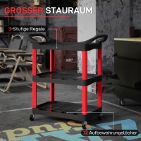 Wózek warsztatowy HOMCOM z 3 półkami, Wózek narzędziowy z uchwytami, Otwory na narzędzia, Wózek montażowy do garażu, Magazynu, Maks. 91 kg, Czerwony+Czarny(m-4)