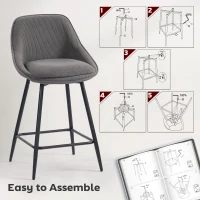 HOMCOM Stołki barowe, 2 sztuki, Stołek barowy z podnóżkiem, oparciem, wykończenie kordowe, wysokość siedziska 65 cm, Krzesła kuchenne ze stalową ramą, Sessel dla kuchni, jadalni, szare(m-7)
