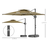 Outsunny Parasol de Jardin à Manivelle 2.5x2.5 m avec Double Toit et Tête Inclinable, Parasol Déporté à Bras avec Socle en Croix, Base Remplissable et Aération, UV30+, Kaki(m-3)
