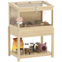 PawHut Hamster Cage, Elevated Design Rat Cage with Openable Top & Transparent Acrylic Windows, Storage Board, for Dwarf Hamster, Gerbil, Natural Wood(m-11)