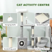 PawHut Drapak dla kota 107 cm, wieża z jaskinią, 2 pluszowe kule, sizalowe pnie, duża platforma, wielopoziomowy, dla kotów do 5 kg, szary(m-4)