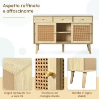 Credenza in Rattan, con 3 Cassetti e 3 Ante Scorrevoli per Cucina e Soggiorno, Maniglie in Metallo Doratoe Gambe in Legno, 120x40x78 cm, Colore Naturale(m-4)