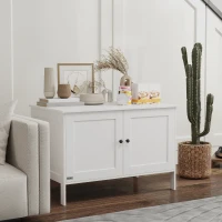 PawHut Cat Litter Box Enclosure, Elevated Design Litter Box Furniture with Double Doors and Side Entrance, Indoor Kitty House Hidden Washroom Toilet for Living Room, White(m-2)